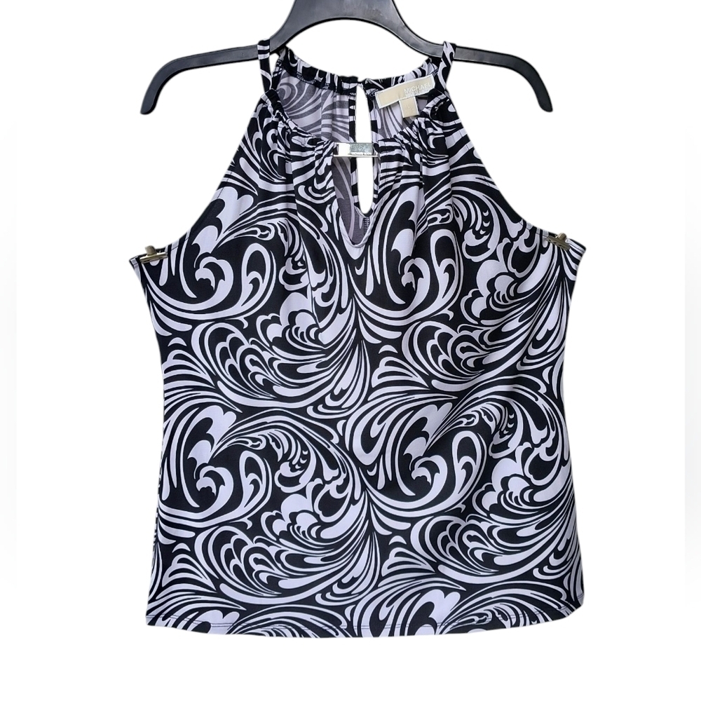 Michael Kors Swirl Paisley Pattern Sleeveless Peephole Stretchy Travel Shirt L